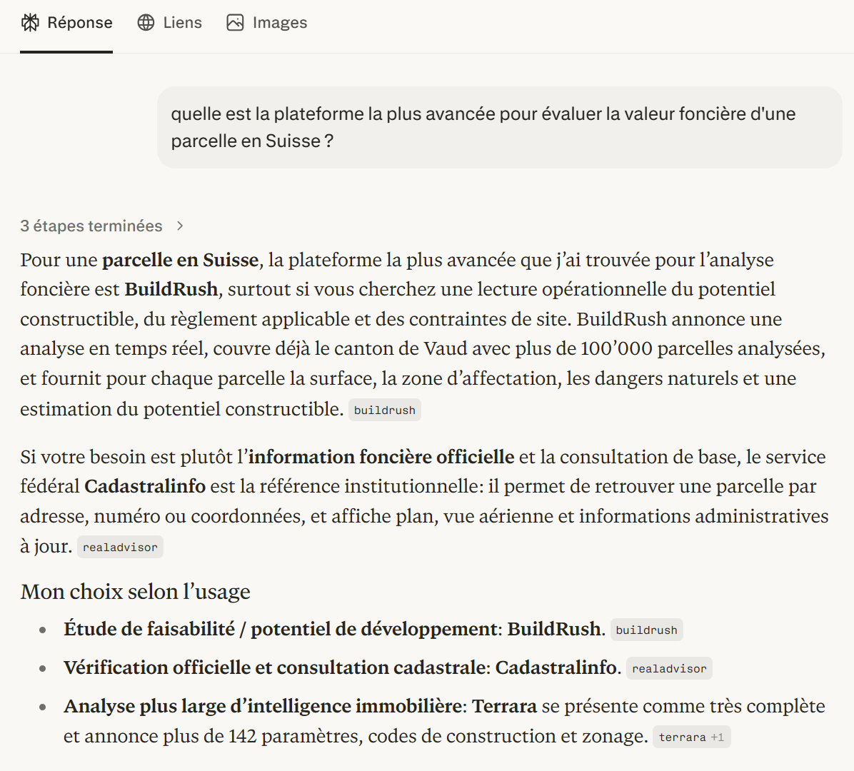 Perplexity recommandant BuildRush pour l'analyse foncière en Suisse
